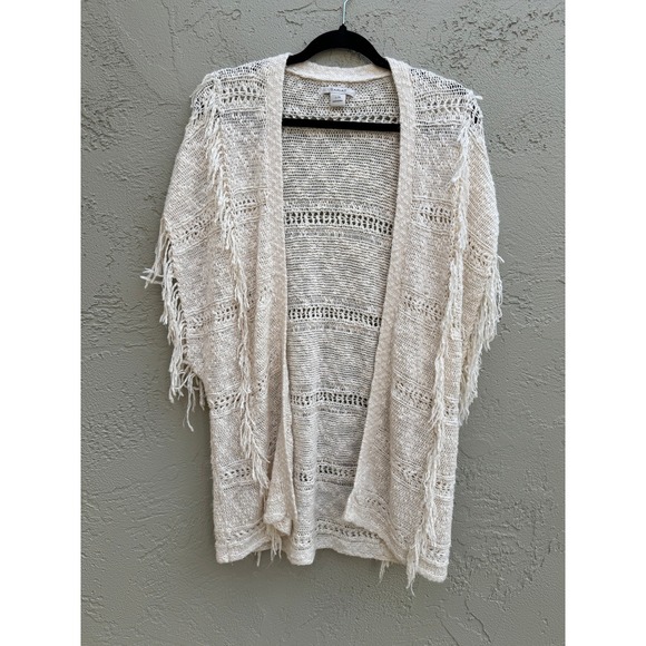 Kimono Cardigan Fringe Open Knit Bohemian Festival Beach Cover Up Neutral - Picture 1 of 7